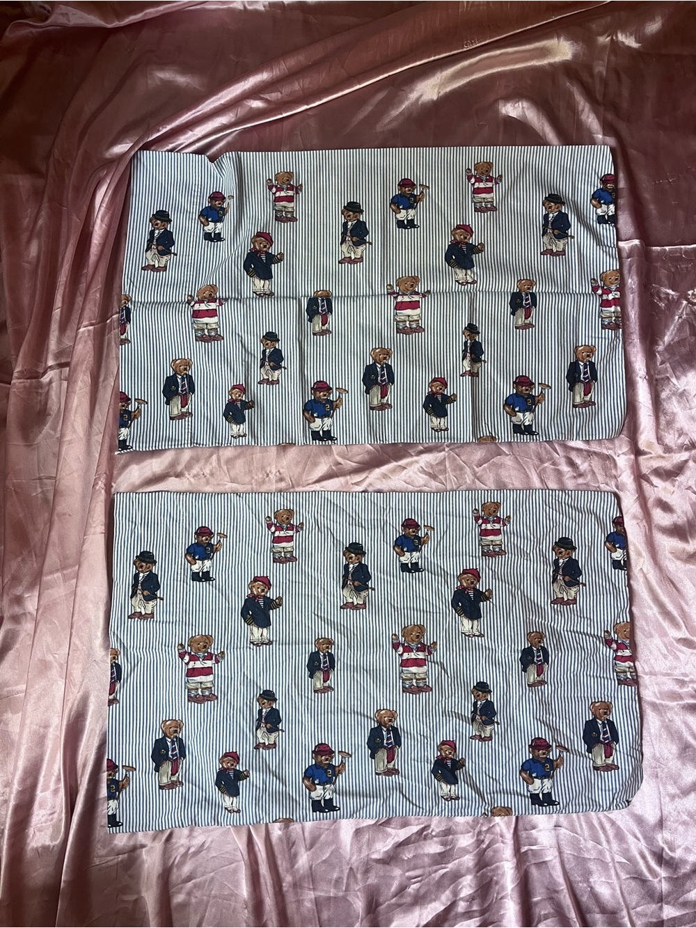 Vintage Ralph Lauren Navy & White Striped Polo Bear Pillow Cases